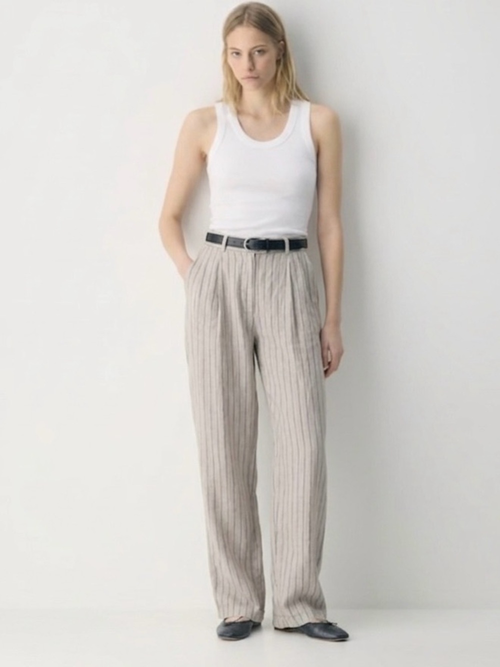 Dior Vintage 80s Linen Striped Loose Fit 10 High Waist Pant Straight Leg Neutral